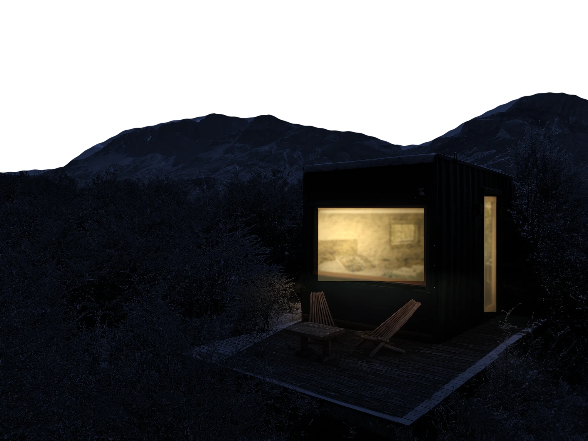 Una de las casas de Cerro Eléctrico de noche, con el ventanal encendido, el deck y los cerros bajo la luna